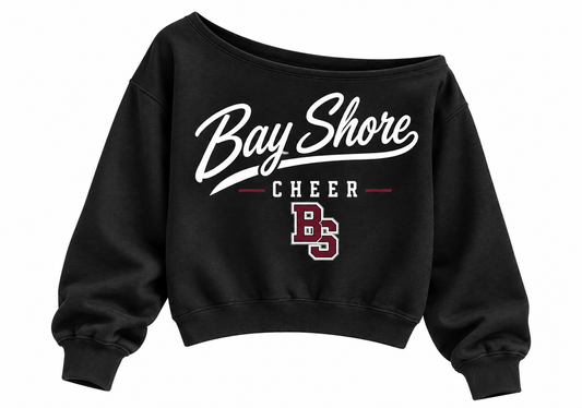 Bay Shore Cheer Women's Heritage Script Off-Shoulder Crop Sweatshirt in Black