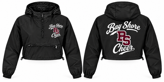 Bay Shore Cheer Women's Script Crop Windbreaker - Front & Back in Black