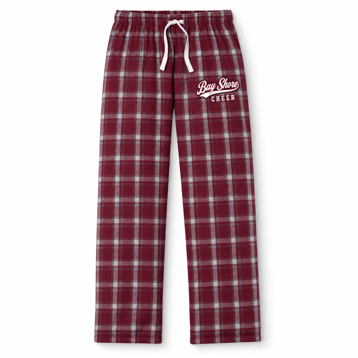 Bay Shore Cheer Burgundy/Grey Dress Plaid flannel pajama pants with collegiate script