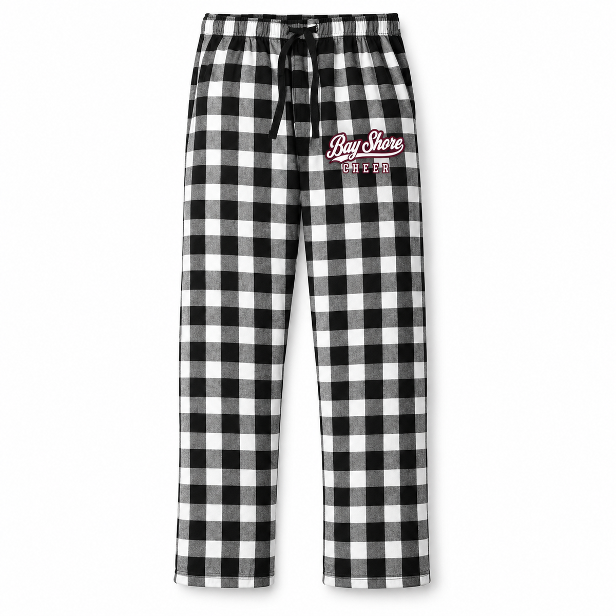 Bay Shore Cheer Black/White Buffalo Check flannel pajama pants with collegiate script