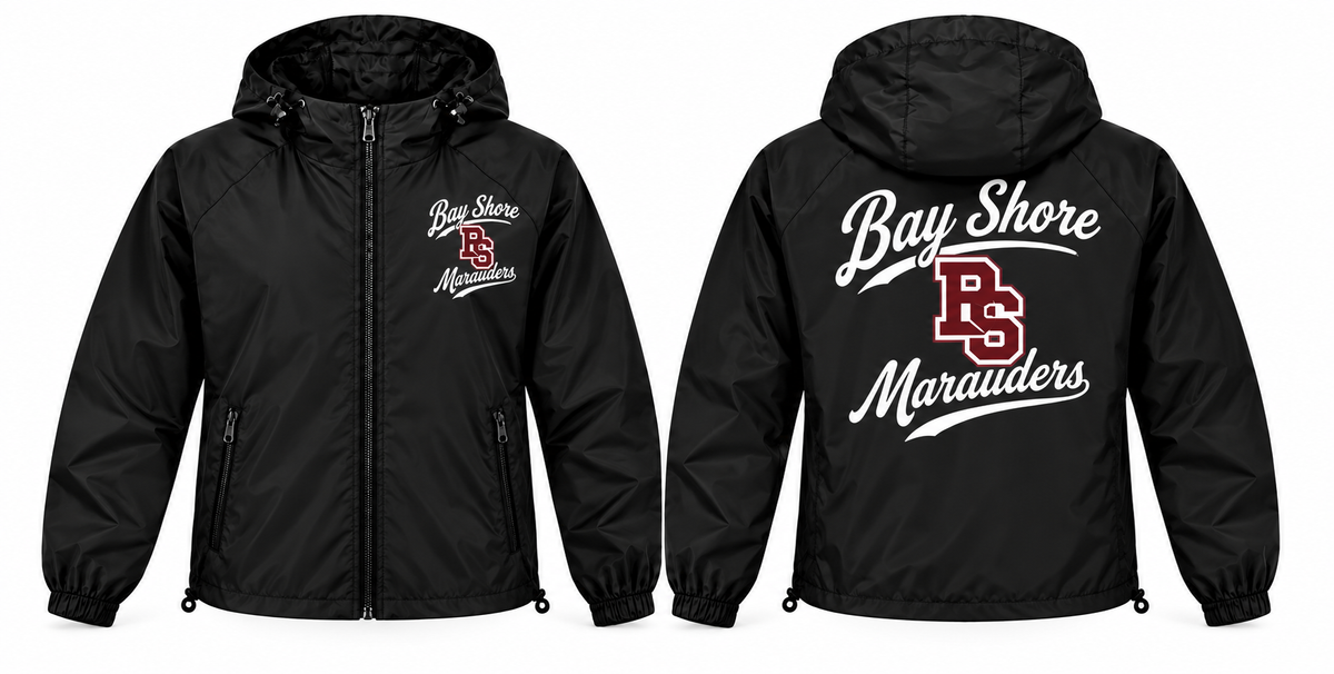 Bay Shore Marauders black full-zip windbreaker front and back