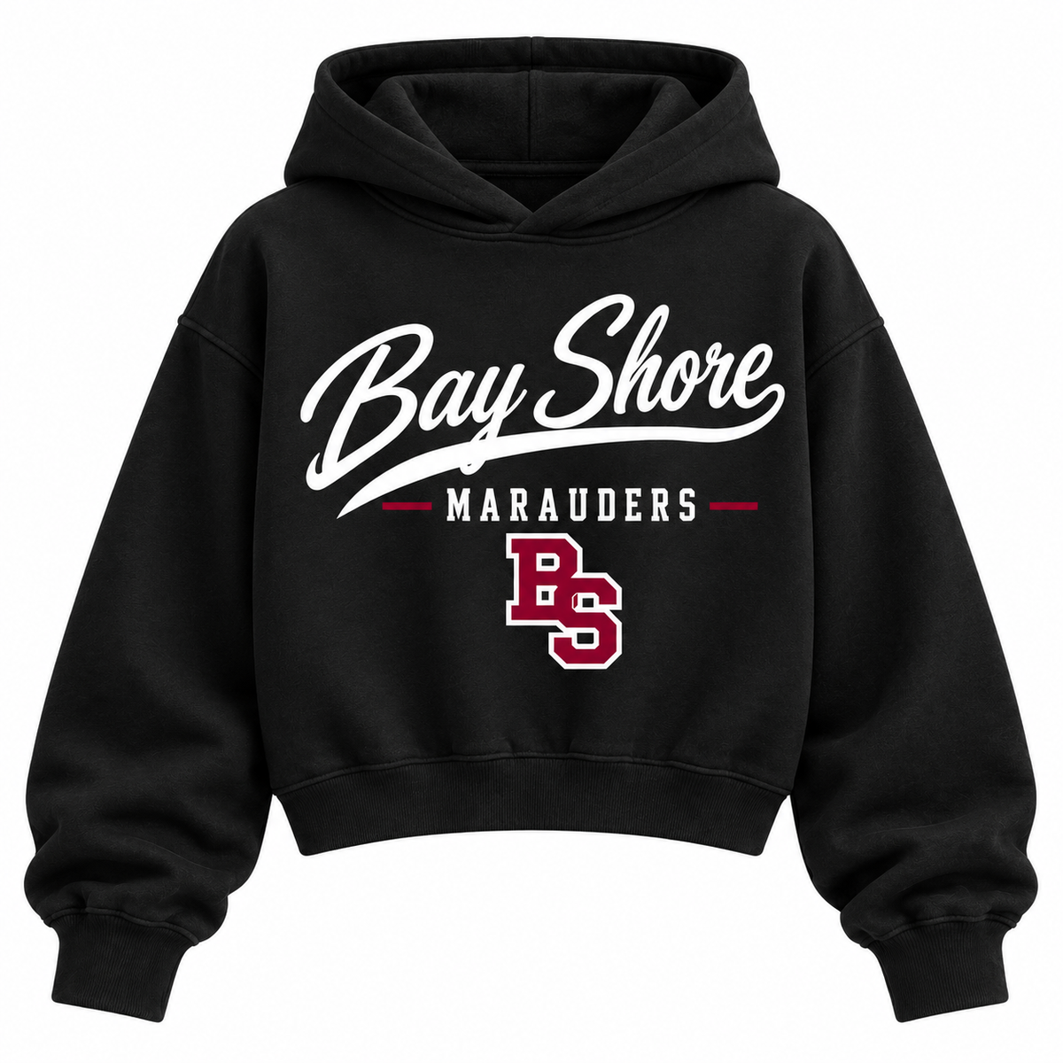 Bay Shore Marauders black cropped hoodie with heritage school script and varsity monogram on front