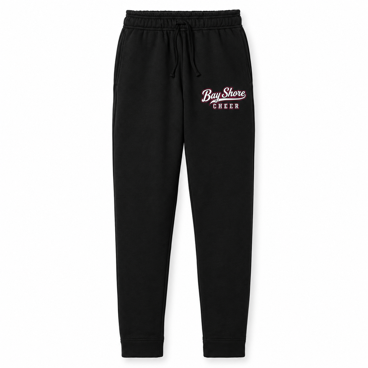 Bay Shore Cheer Jet Black fleece joggers with collegiate script