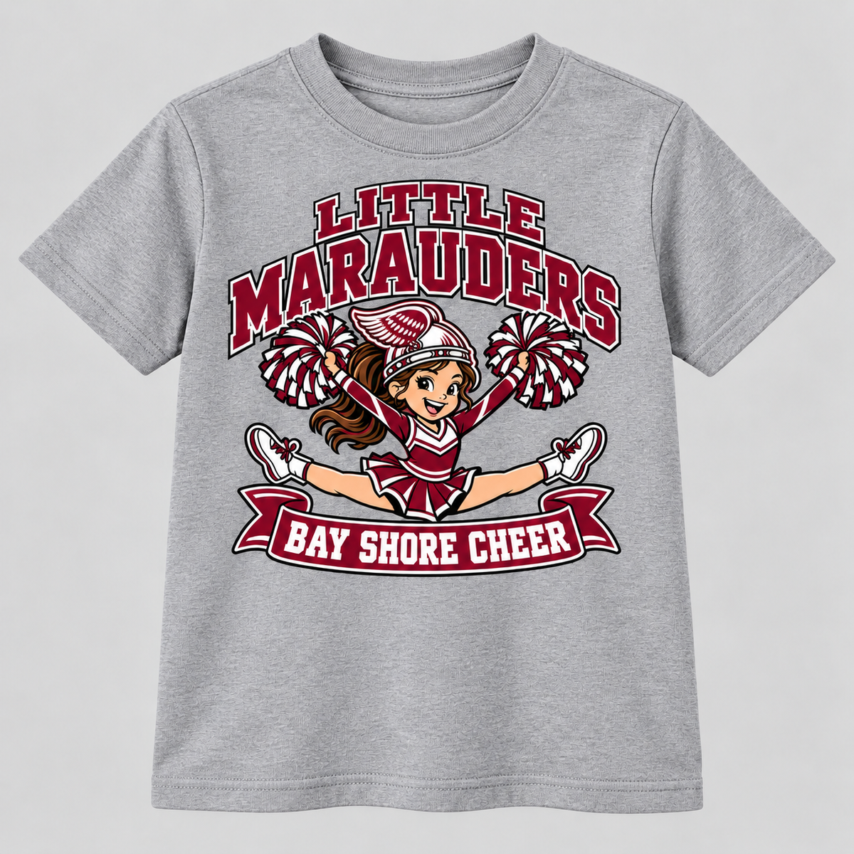 Bay Shore Little Marauders winged-helmet youth cheer T-shirt in Athletic Heather, front view