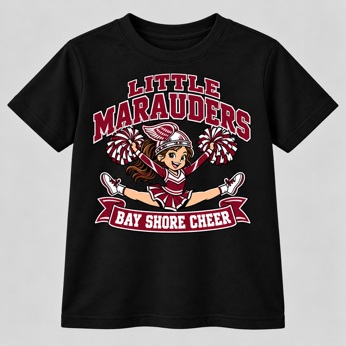 Bay Shore Little Marauders winged-helmet youth cheer T-shirt in Black, front view