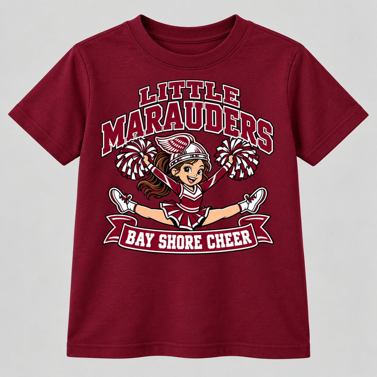 Bay Shore Little Marauders winged-helmet youth cheer T-shirt in Maroon, front view