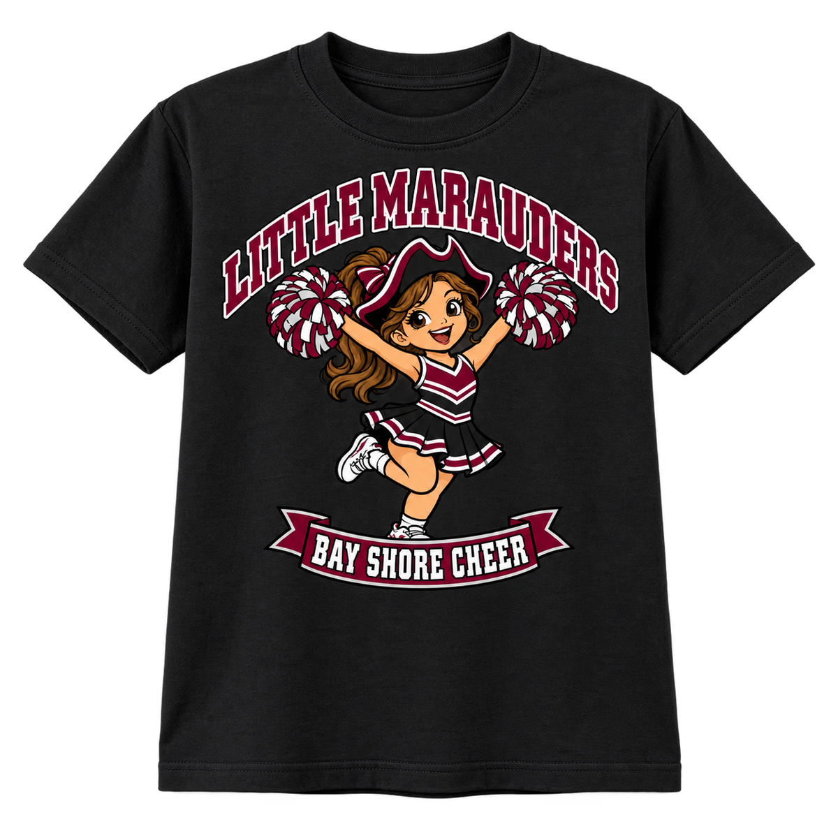 Bay Shore Little Marauders youth cheer T-shirt in Black, front view