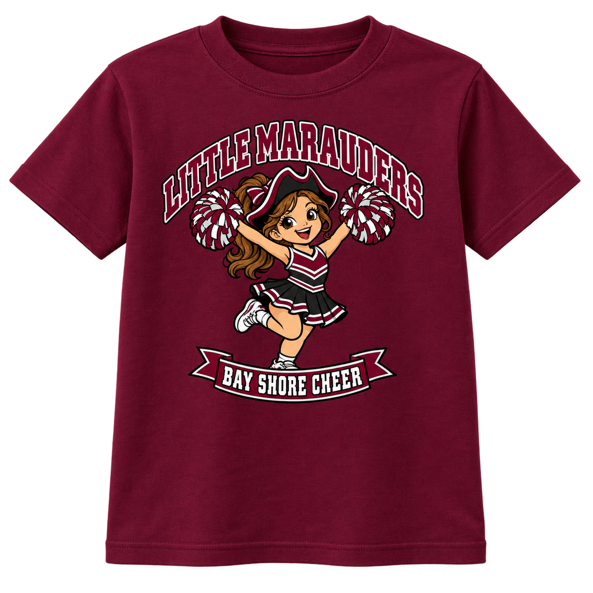 Bay Shore Little Marauders youth cheer T-shirt in Maroon, front view