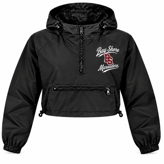 Bay Shore Marauders Women's Script Crop Windbreaker — Black single front view