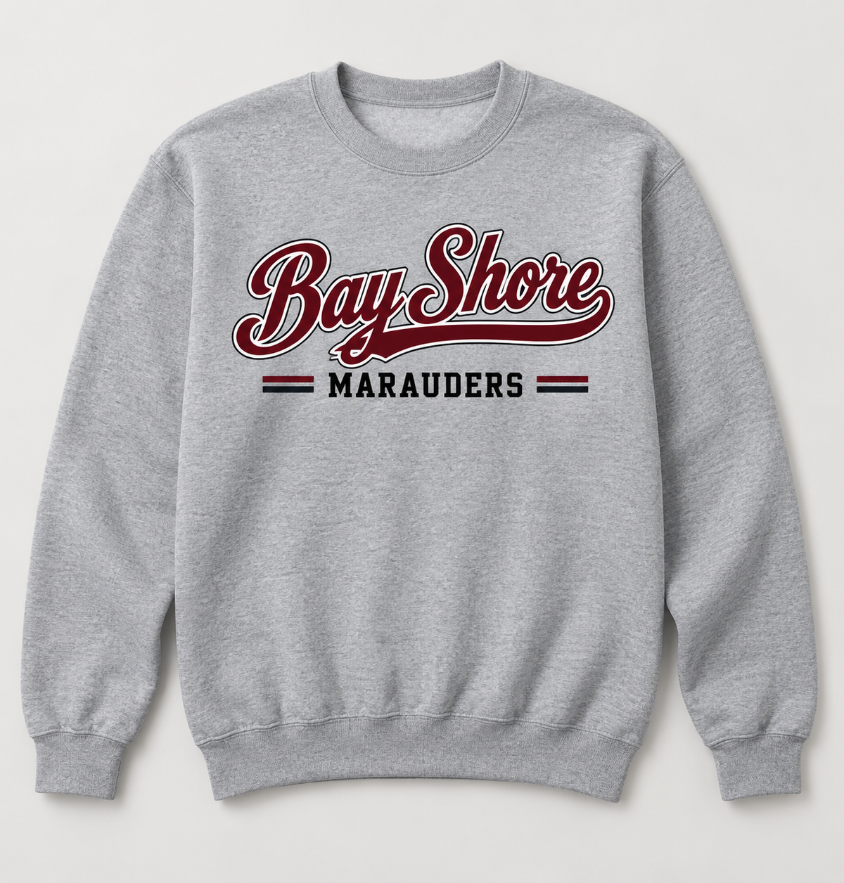 Bay Shore Marauders Heritage Script Crewneck Sweatshirt in Heather Gray — front view