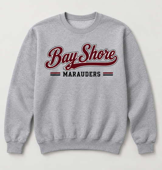 Bay Shore Marauders Heritage Script Crewneck Sweatshirt in Heather Gray — front view