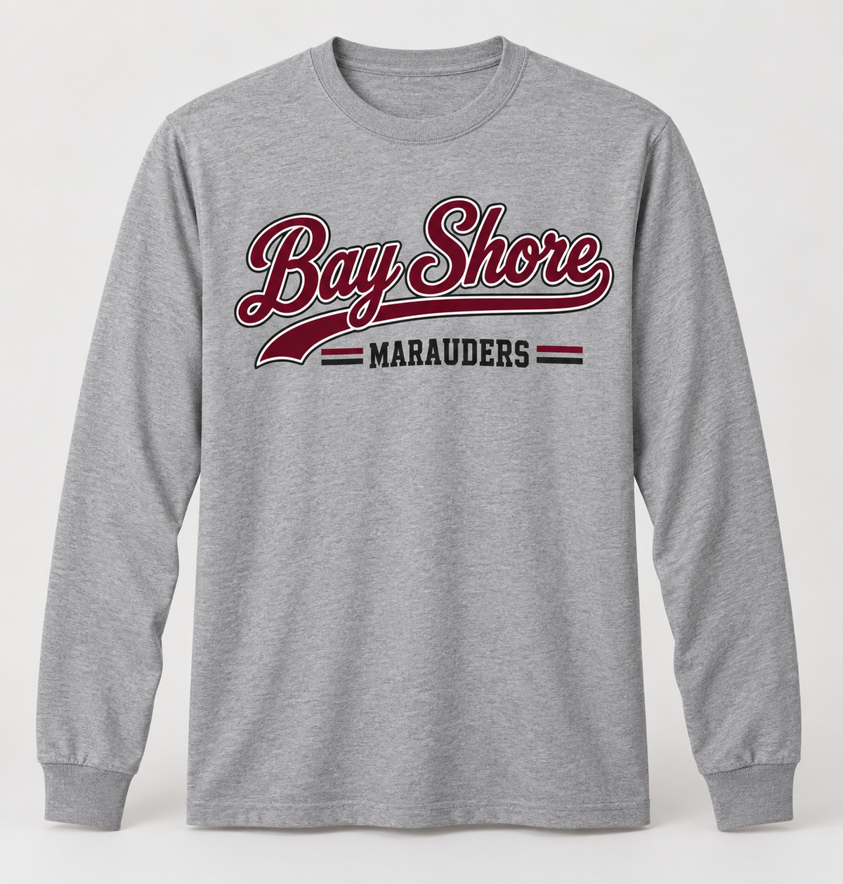 Bay Shore Marauders Heritage Script Long Sleeve Tee in Heather Gray — front view