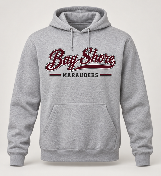 Bay Shore Marauders Heritage Script Pullover Hoodie in Heather Gray — front view