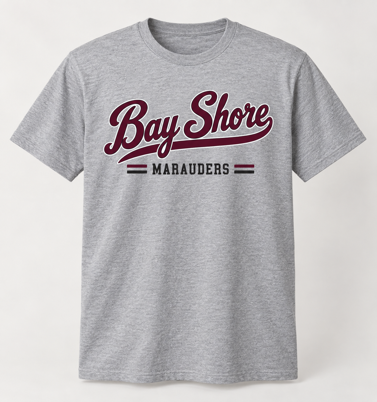 Bay Shore Marauders Heritage Script Tee in Heather Gray — front view