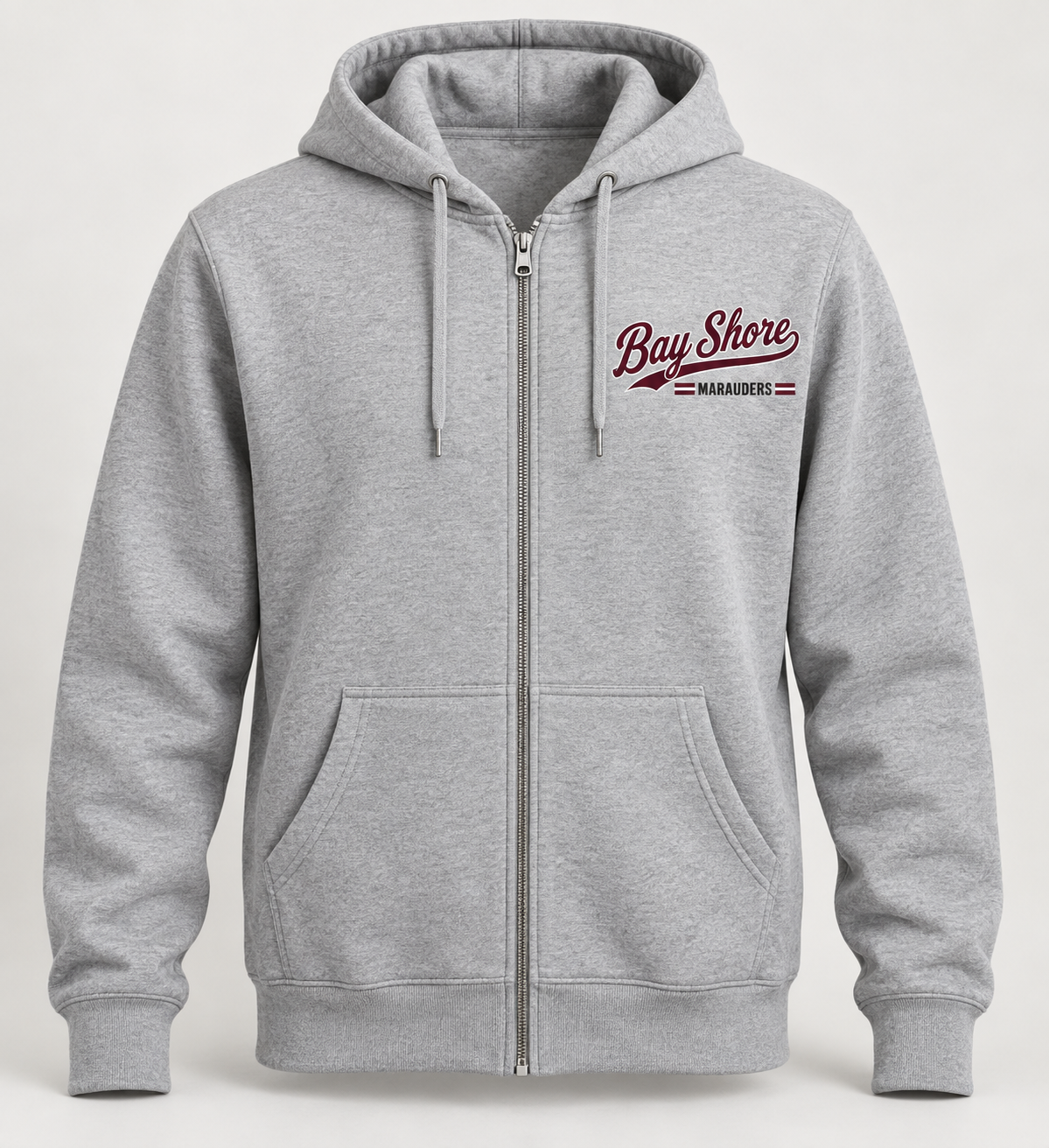 Bay Shore Marauders Heritage Script Zip Hoodie in Heather Gray — front view