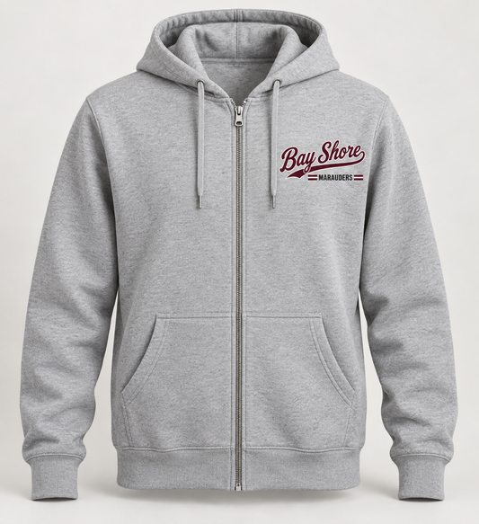 Bay Shore Marauders Heritage Script Zip Hoodie in Heather Gray — front view