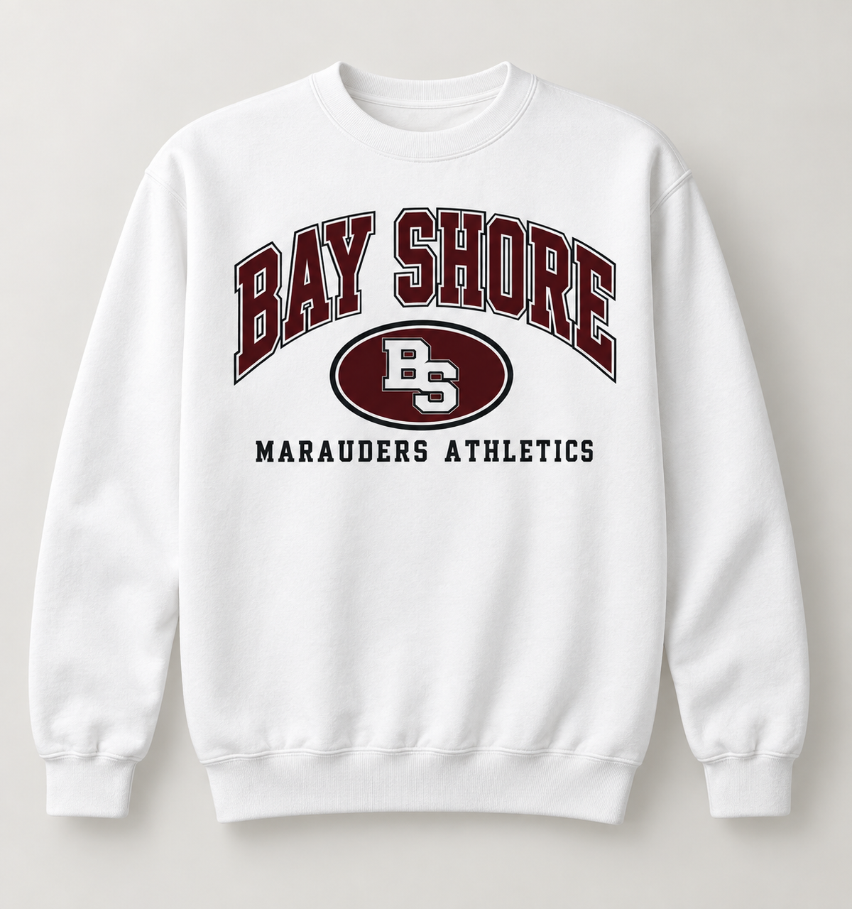 Bay Shore Marauders Stadium Crest Crewneck Sweatshirt in White — front view