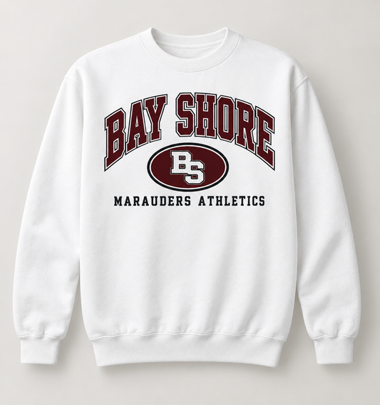 Bay Shore Marauders Stadium Crest Crewneck Sweatshirt in White — front view