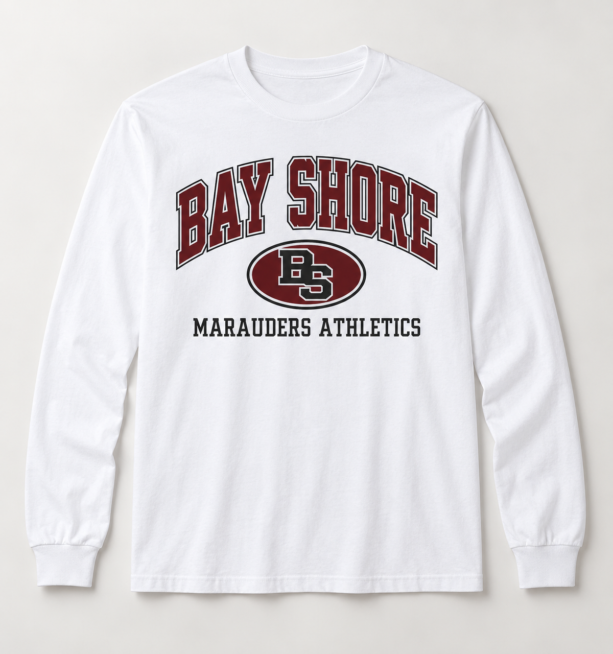 Bay Shore Marauders Stadium Crest Long Sleeve Tee in White — front view
