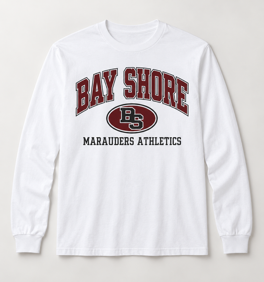 Bay Shore Marauders Stadium Crest Long Sleeve Tee in White — front view