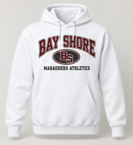 Bay Shore Marauders Stadium Crest Pullover Hoodie in White — front view