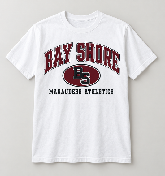 Bay Shore Marauders Stadium Crest Tee in White — front view