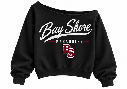 Bay Shore Marauders Women's Heritage Script Off-Shoulder Crop Sweatshirt in black