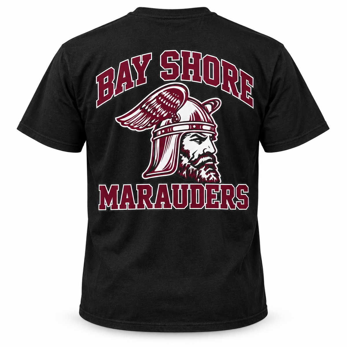 Bay Shore Marauders Varsity Tee — Black — back view, winged-helmet Marauder design