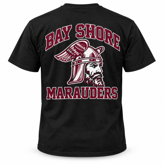 Bay Shore Marauders Varsity Tee — Black — back view, winged-helmet Marauder design