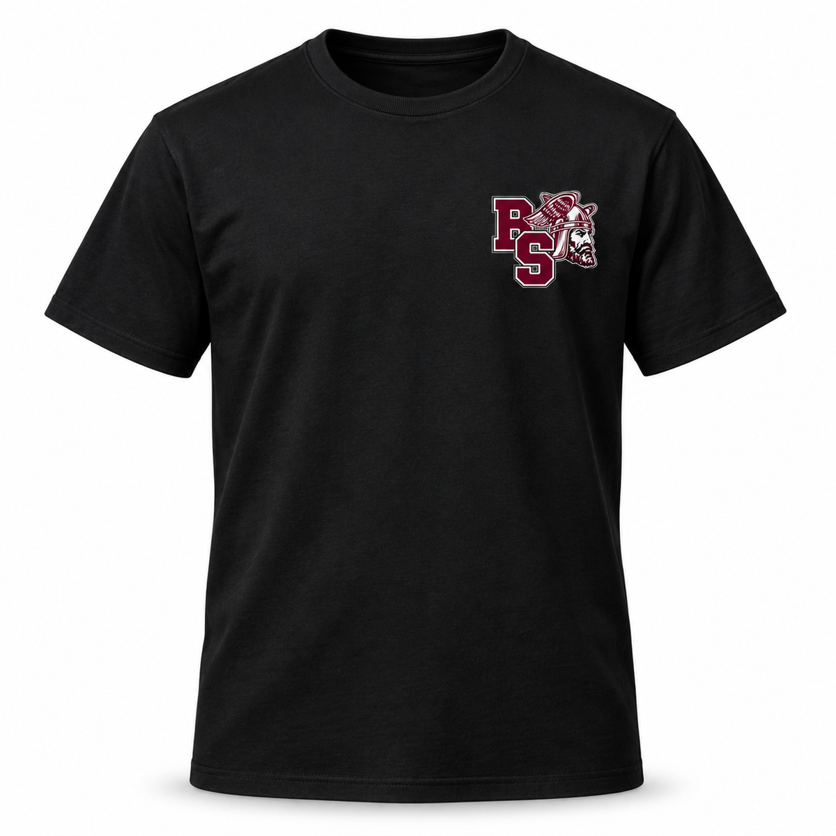 Bay Shore Marauders Varsity Tee — Black — front view, winged-helmet Marauder design