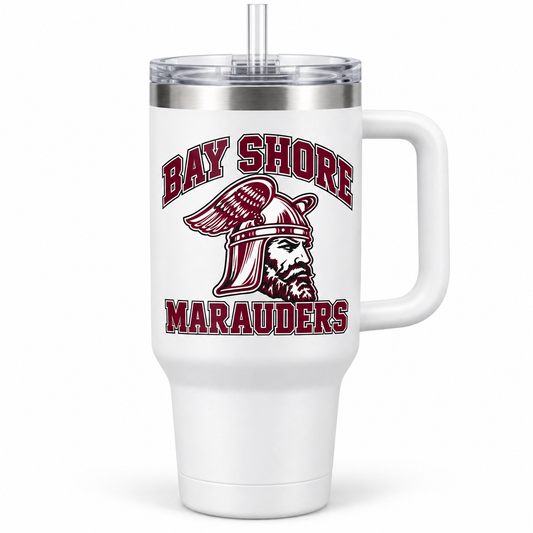 Bay Shore Marauders Collegiate Handled Tumbler — front view, winged-helmet Marauder design