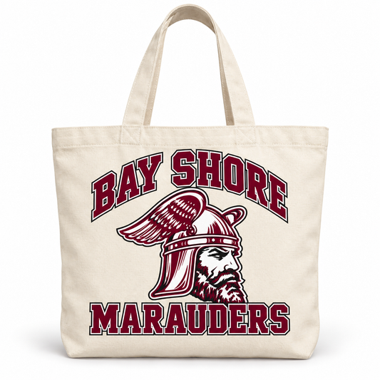 Bay Shore Marauders Collegiate Tote Bag — front view, winged-helmet Marauder design