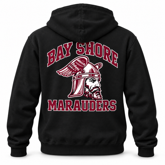 Bay Shore Marauders Varsity Hoodie — Black — back view, winged-helmet Marauder design