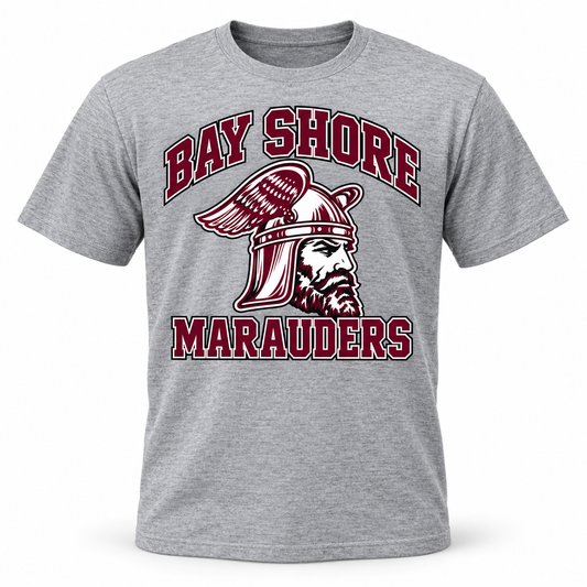 Bay Shore Marauders Collegiate Tee — front view, winged-helmet Marauder design