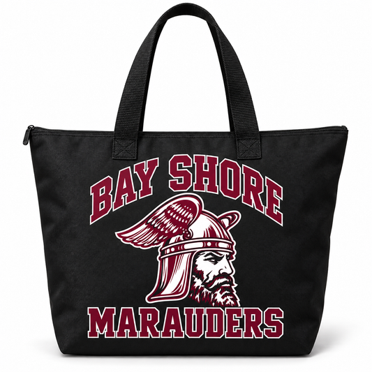 Bay Shore Marauders Polyester Zip Bag — Black front view, winged-helmet Marauder design