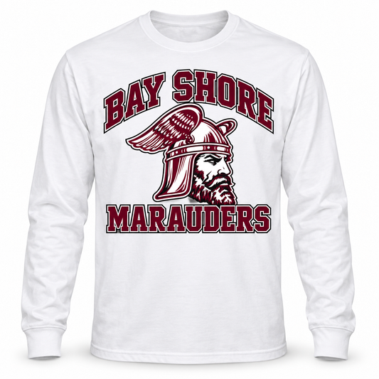 Bay Shore Marauders Collegiate Long Sleeve Tee — front view, winged-helmet Marauder design
