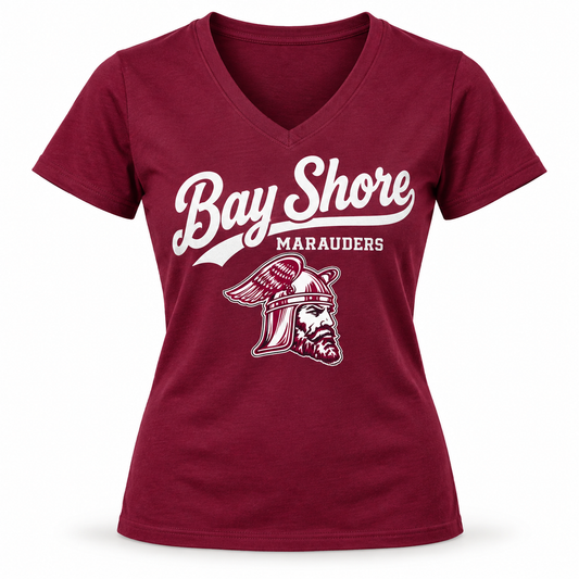 Bay Shore Marauders Women's Script V-Neck Tee — front view, winged-helmet Marauder design