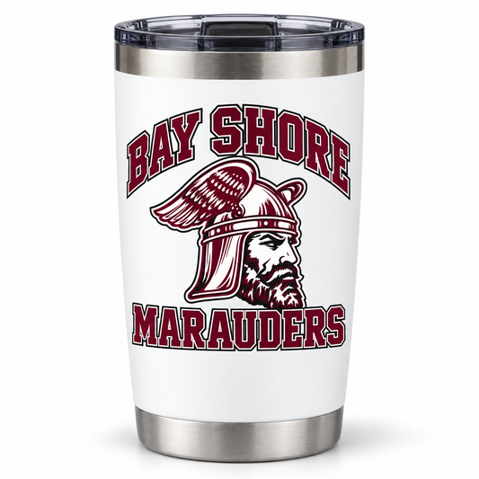 Bay Shore Marauders Collegiate Spirit Tumbler — front view, winged-helmet Marauder design