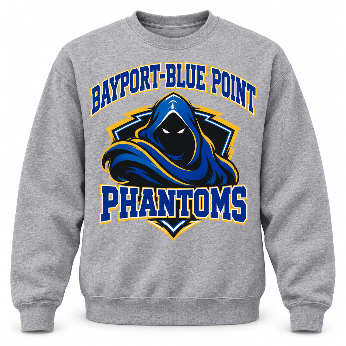 Bayport-Blue Point Phantoms Crest Crewneck Sweatshirt in Heather Gray, front view