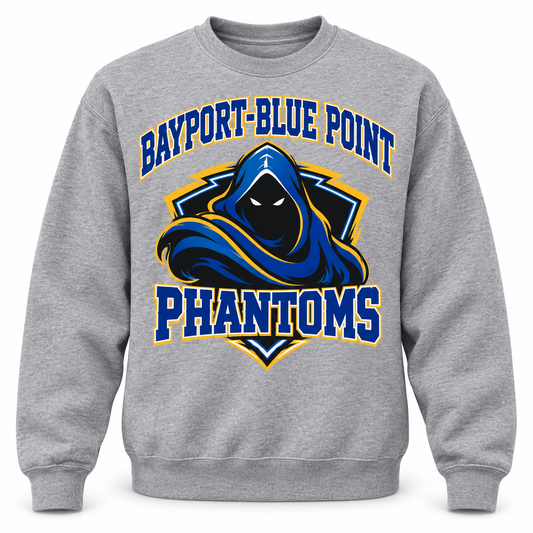 Bayport-Blue Point Phantoms Crest Crewneck Sweatshirt in Heather Gray, front view