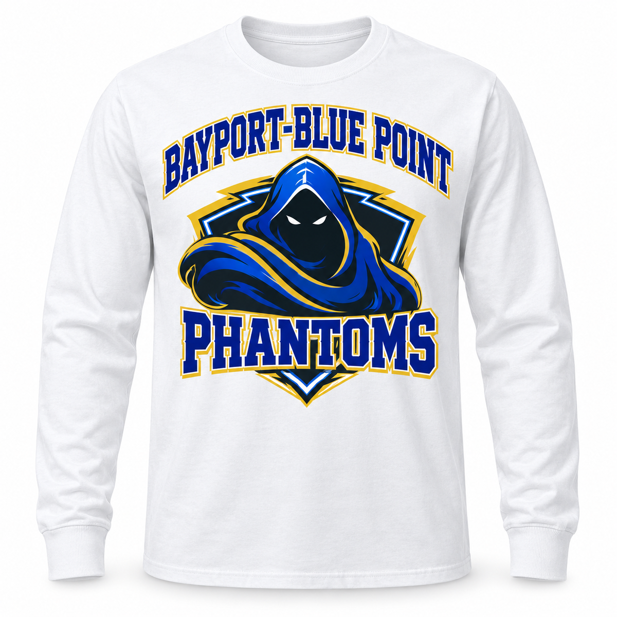 Bayport-Blue Point Phantoms Collegiate Long Sleeve Tee in White, front view
