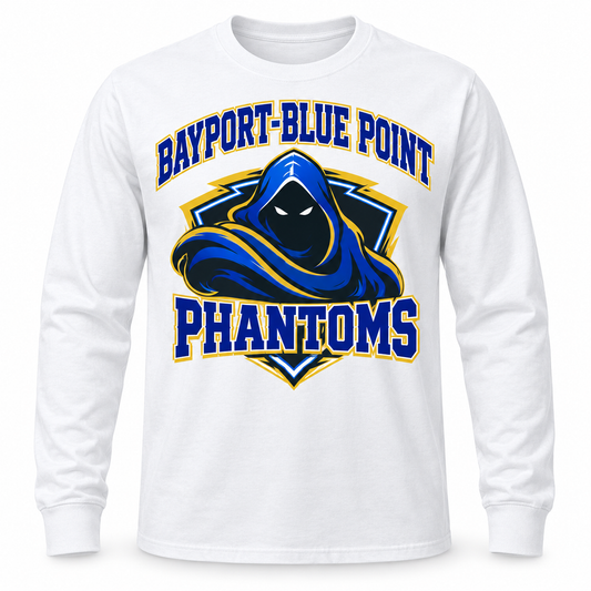 Bayport-Blue Point Phantoms Collegiate Long Sleeve Tee in White, front view