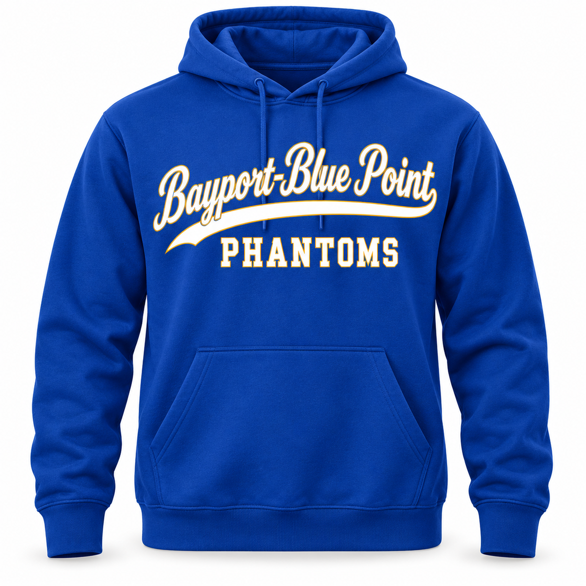 Bayport-Blue Point Phantoms Script Pullover Hoodie in Royal Blue, front view