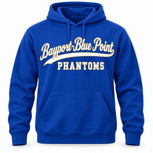 Bayport-Blue Point Phantoms Script Pullover Hoodie in Royal Blue, front view