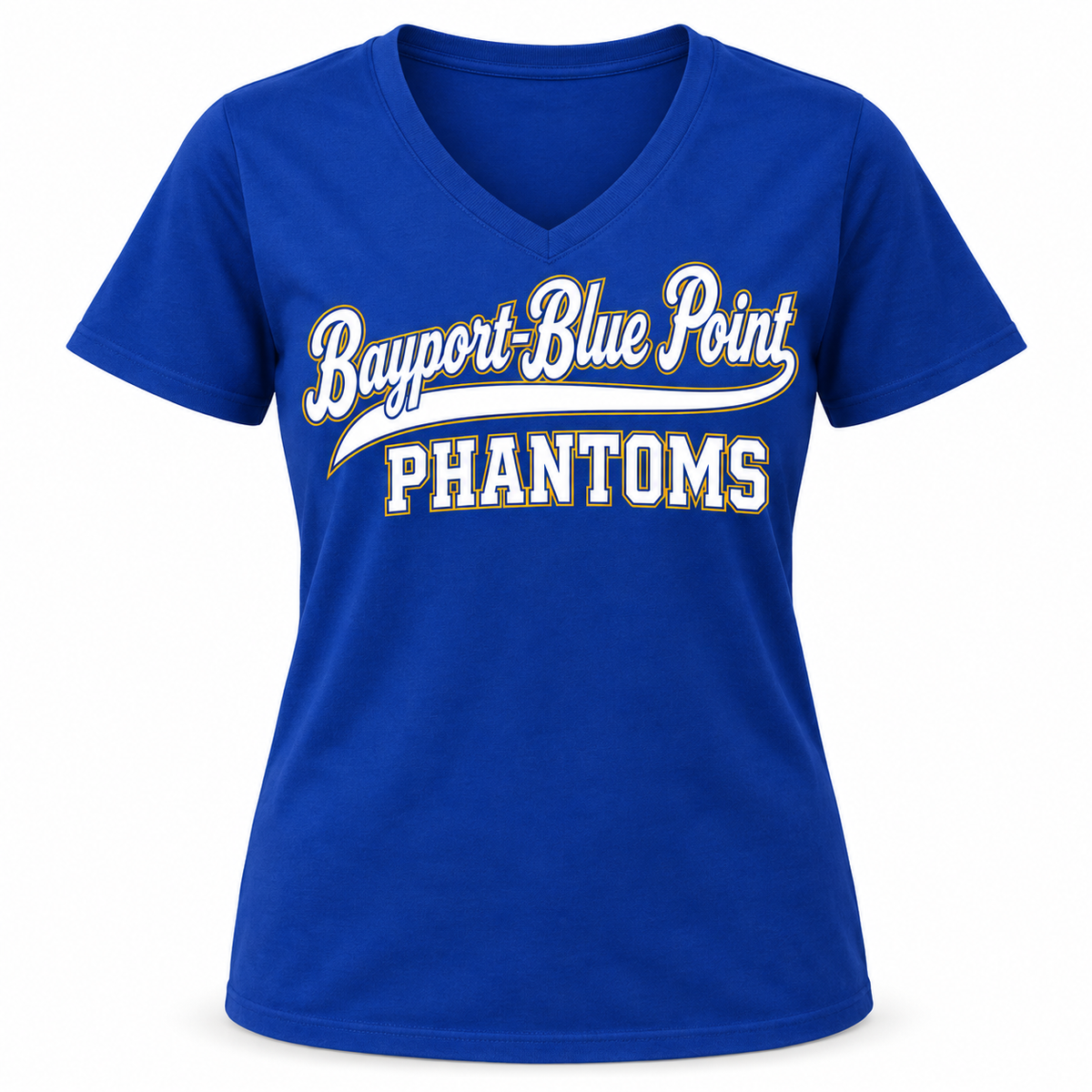 Bayport-Blue Point Phantoms Women's Script V-Neck Tee in Royal Blue, front view