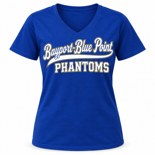 Bayport-Blue Point Phantoms Women's Script V-Neck Tee in Royal Blue, front view
