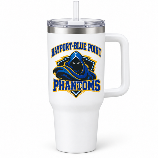 Bayport-Blue Point Phantoms Crest Handled Tumbler in White, front view