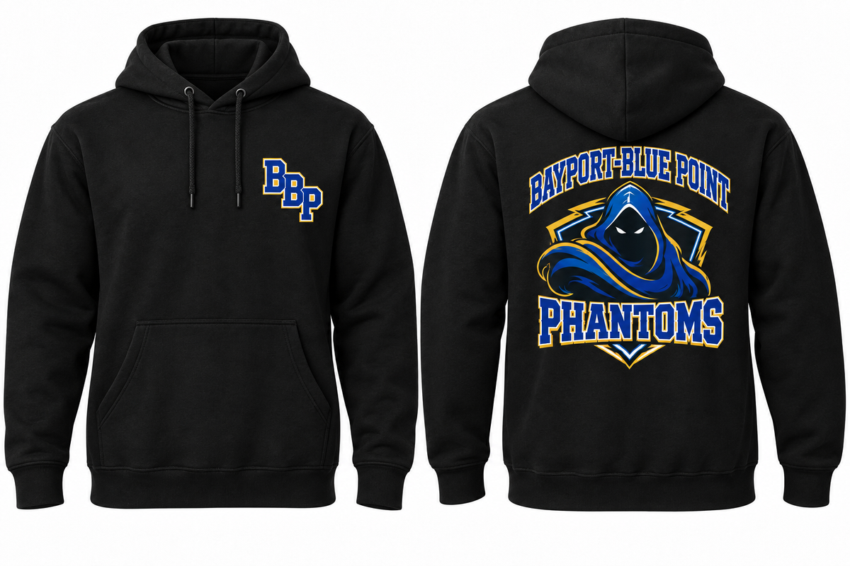 BAYPORT-BLUE POINT PHANTOMS black hoodie front and back