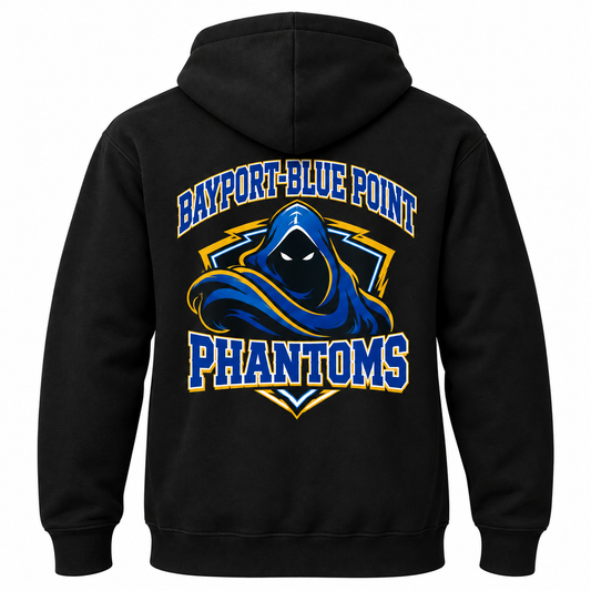 Bayport–Blue Point Varsity Hoodie — Black — single black garment back view