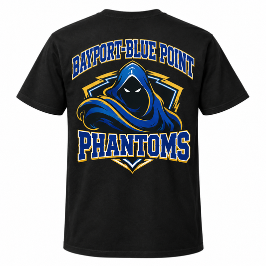 Bayport–Blue Point Varsity Tee — Black — single black garment back view